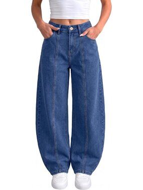 Wide Leg Stretchy Barrel Jeans for Women - Comfortable Casual Denim Pants